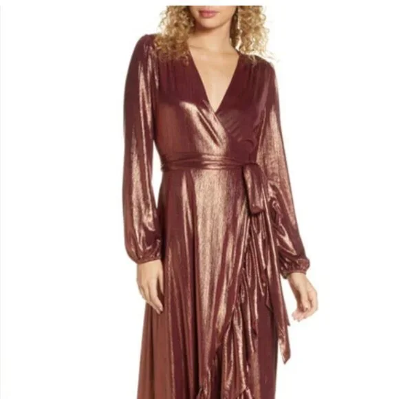 wayf long sleeve wrap dress WAYF Rosie Ruffle Faux Wrap Mini Dress, Womens, XS, Red Roses